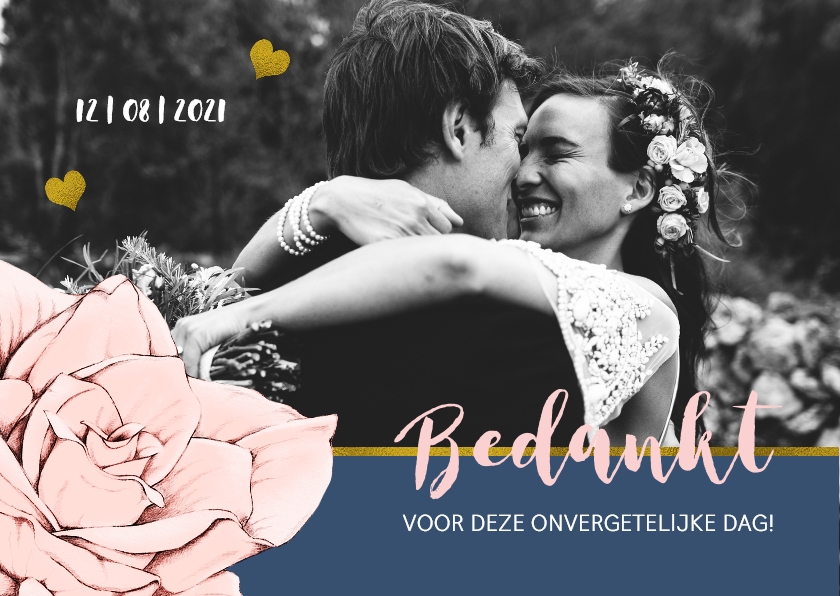 Bijzonder bedankkaartje in navyblue, roos en goud met foto - Trouwkaarten Trouwkaarten - Bijzonder bedankkaartje in navyblue, roos en goud met foto