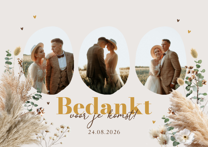 Trouwkaarten - Boho trouwkaart bedankt voor je komst pampas eucalyptus