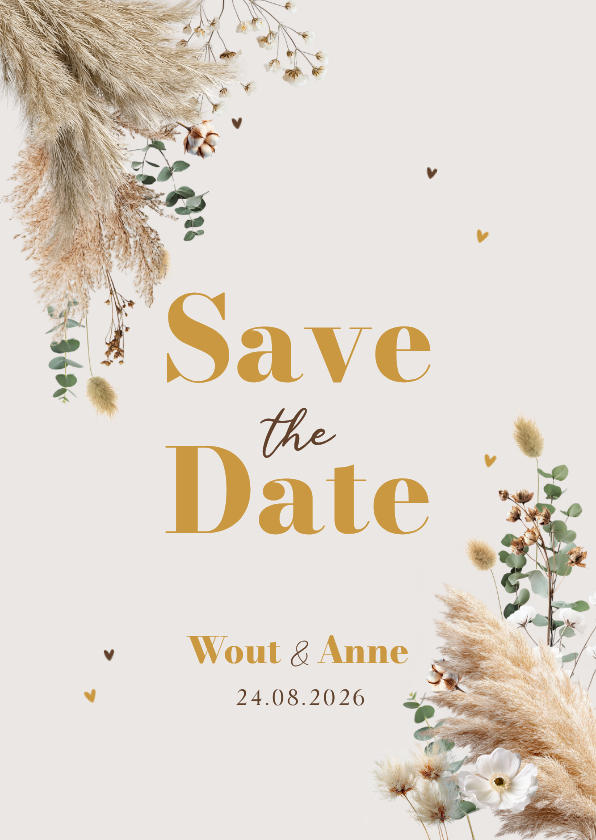 Trouwkaarten - Boho trouwkaart save the date pampas eucalyptus