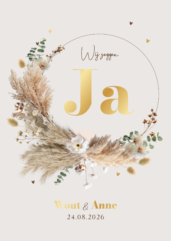 Boho trouwkaart save the date pampas krans goud - Trouwkaarten Trouwkaarten - Boho trouwkaart save the date pampas krans goud