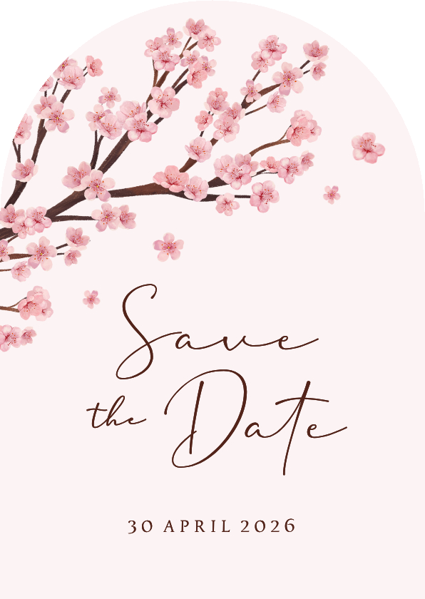 Boogkaart save the date lente bloesem roze romantisch - Trouwkaarten Trouwkaarten - Boogkaart save the date lente bloesem roze romantisch