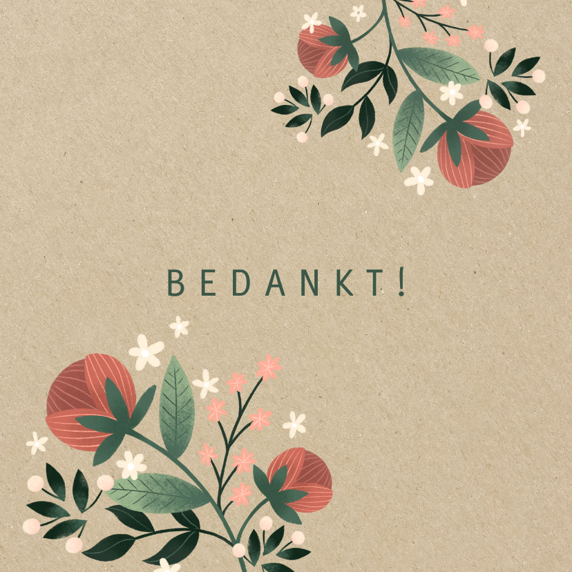 Botanisch bedankkaartje met bloemen, planten en kraftlook - Trouwkaarten Trouwkaarten - Botanisch bedankkaartje met bloemen, planten en kraftlook