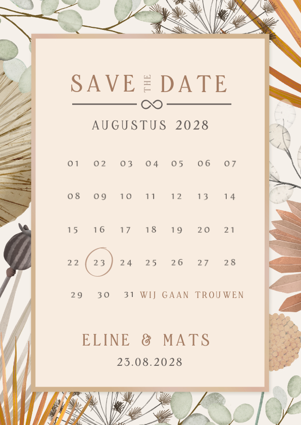 Trouwkaarten - Botanische bohemian Save the Date kaart met kalender