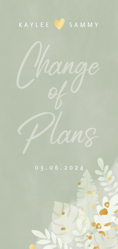 Trouwkaarten - Botanische change of plans kaart junglebladeren en waterverf