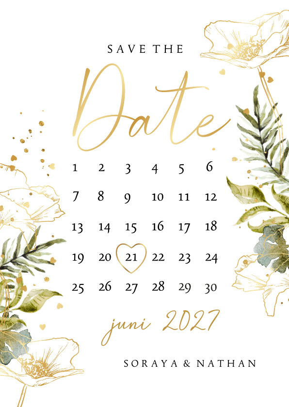 Botanische save the date kaart kalender watercolour goud - Trouwkaarten Trouwkaarten - Botanische save the date kaart kalender watercolour goud