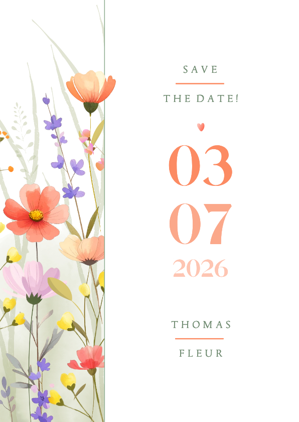 Trouwkaarten - Botanische save the date met aquarel gemengde wilde bloemen