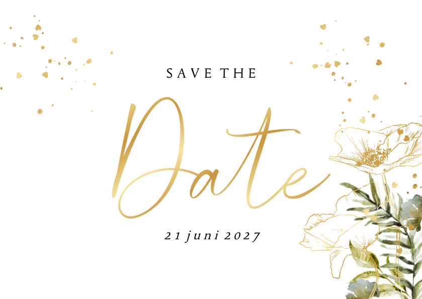 Trouwkaarten - Botanische save the date waterverf bladeren hartjesconfettie