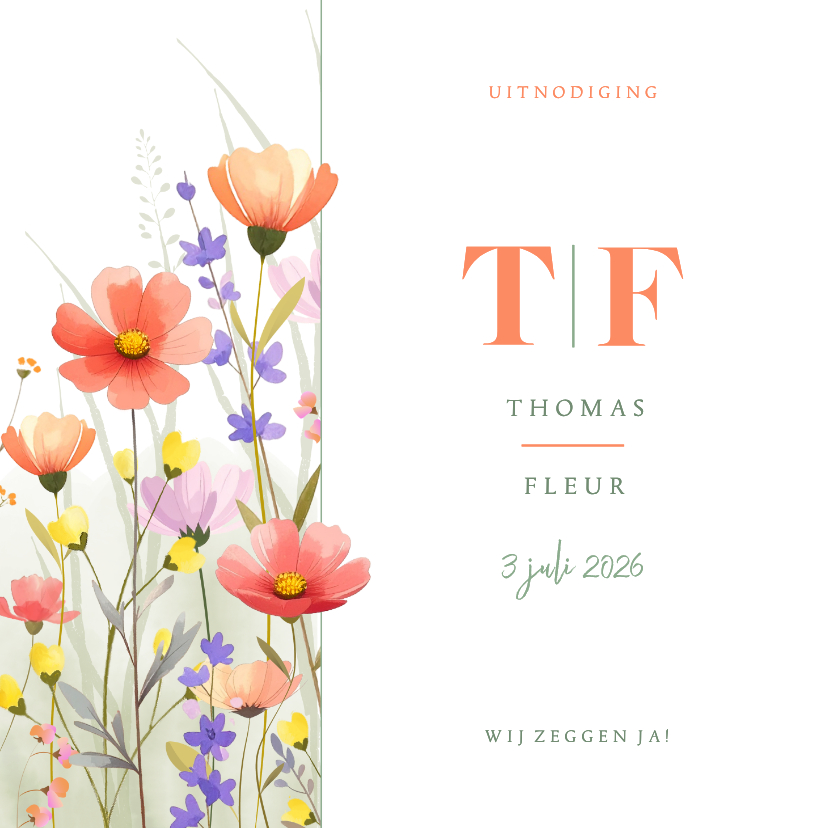 Trouwkaarten - Botanische trouwkaart met aquarel gemengde wilde bloemen