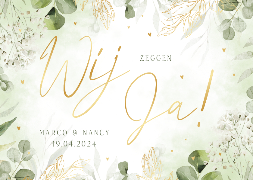 Trouwkaarten - Botanische trouwkaart 'Wij zeggen Ja' met waterverf en folie