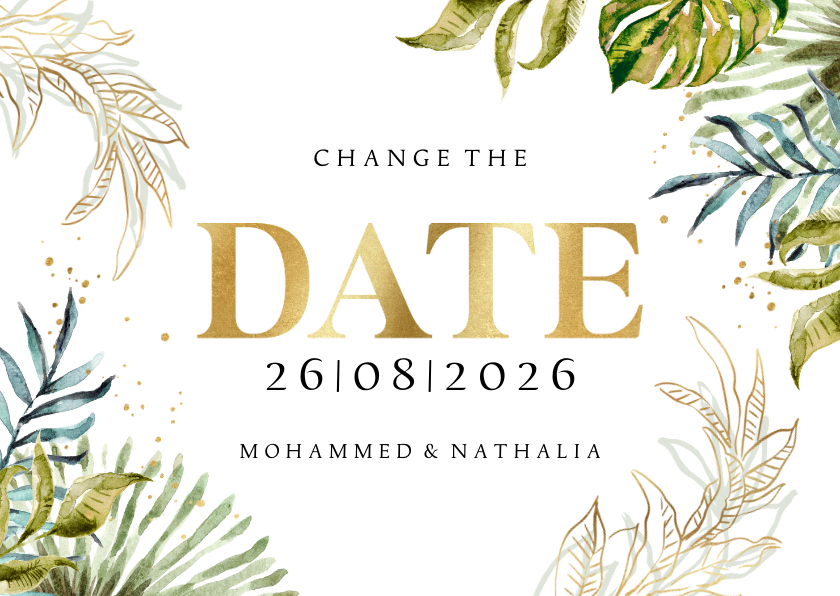Trouwkaarten - Change the date kaart goud botanisch watercolor stijlvol