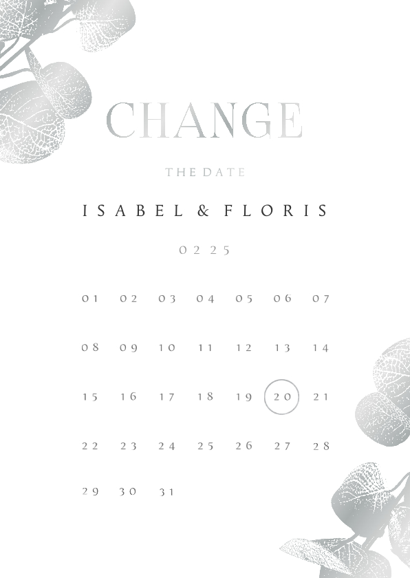 Trouwkaarten - Change the date kaart kalender eucalyptustak in zilver