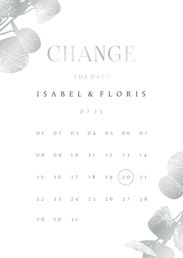 Change the date kaart kalender eucalyptustak in zilver