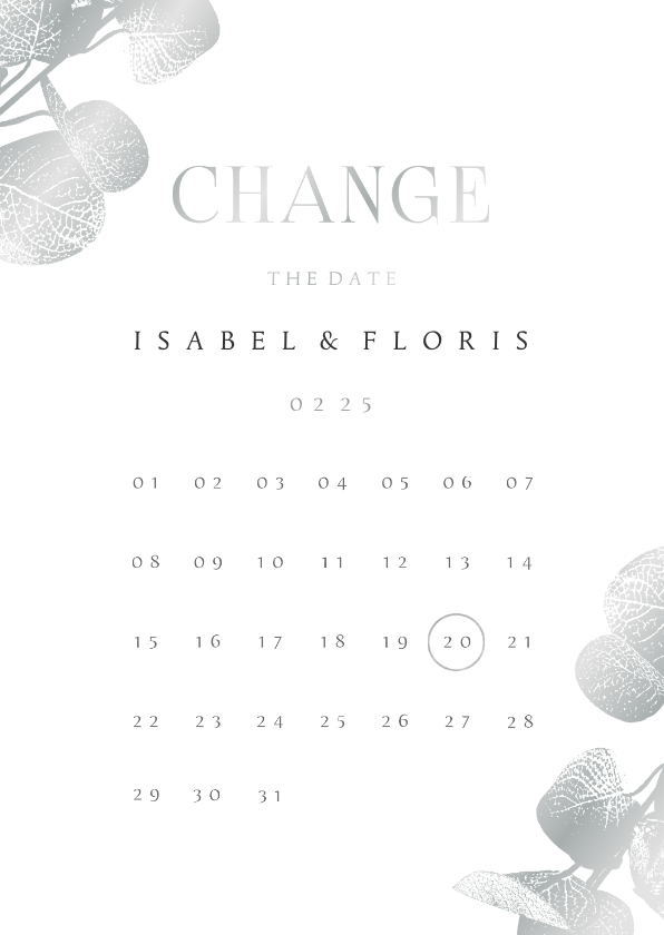 Change the date kaart kalender eucalyptustak in zilver - Trouwkaarten Trouwkaarten - Change the date kaart kalender eucalyptustak in zilver