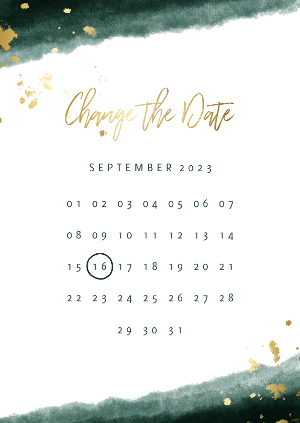 Trouwkaarten - Change the date kalender waterverf gouden tekst