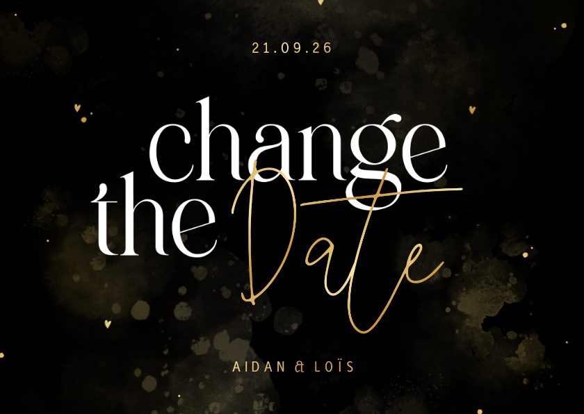Change the date zwart met goud hartjes en waterverf - Trouwkaarten Trouwkaarten - Change the date zwart met goud hartjes en waterverf