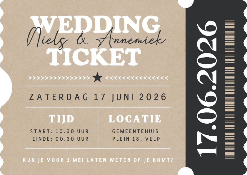 Trouwkaarten - Festival wedding ticket uitnodiging in echte ticket vorm