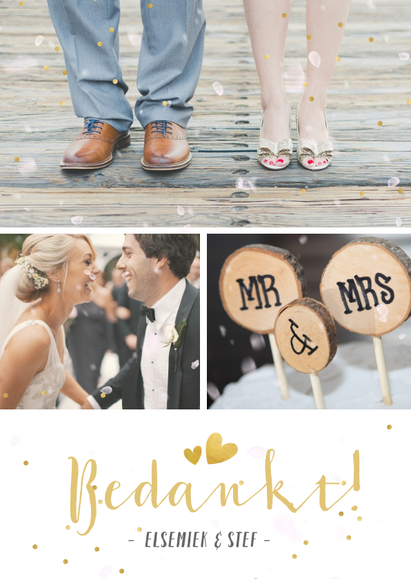 Trouwkaarten - Fotocollage bedankkaartje trouwen met 3 foto's en confetti