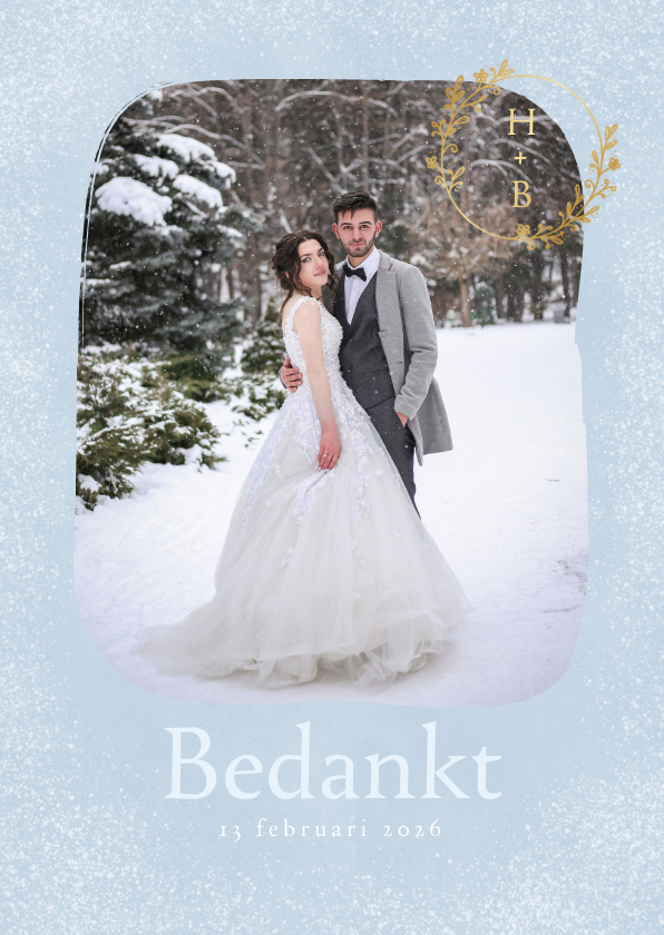 Trouwkaarten - Fotokaart bedankt bruiloft met gouden ornament en initialen