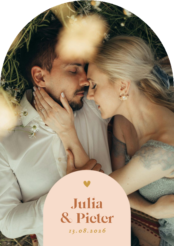 Trouwkaarten - Fotokaart originele vorm oranje boog uitnodiging huwelijk