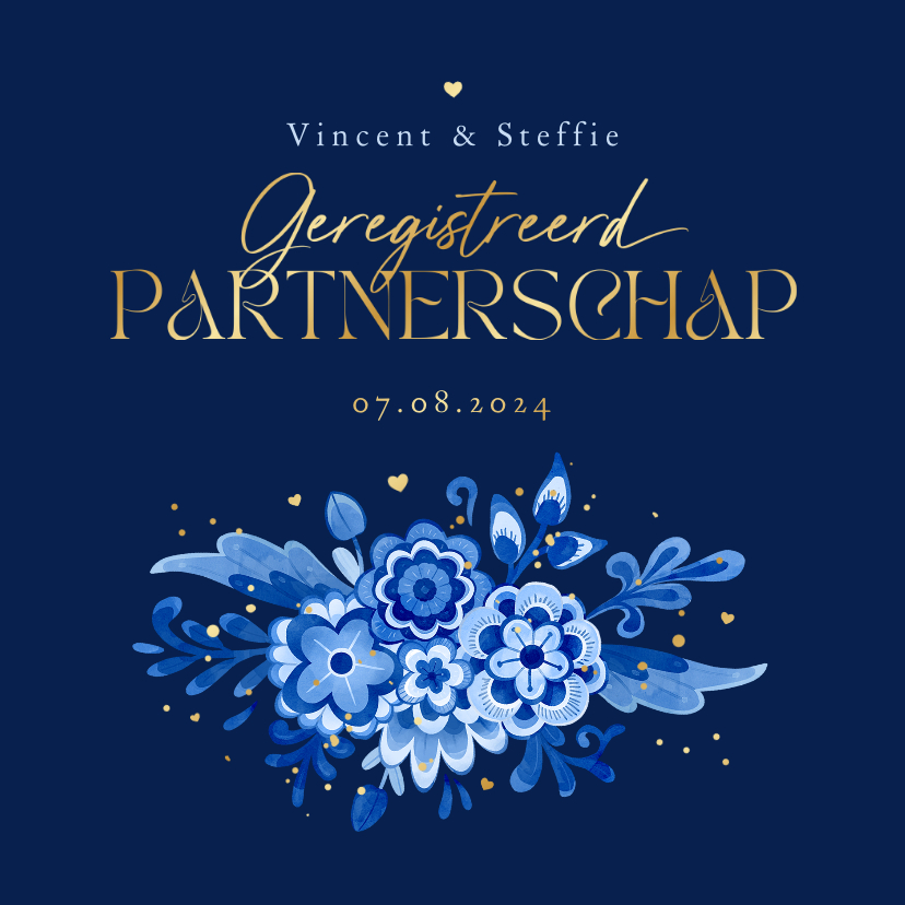 Trouwkaarten - Geregistreerd partnerschap Delfts blauw donker bloemen 