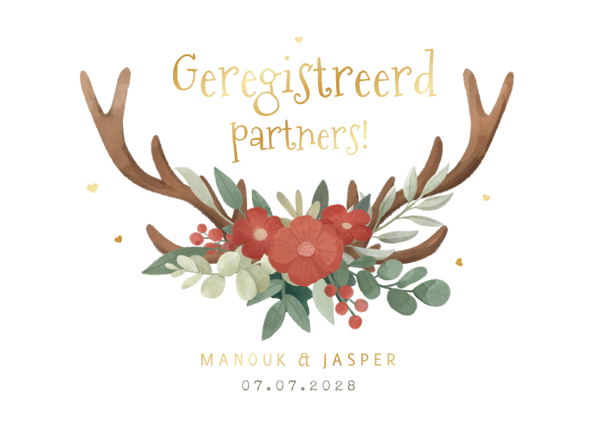 Trouwkaarten - Geregistreerd partnerschap hertengewei bloemen hartjes goud