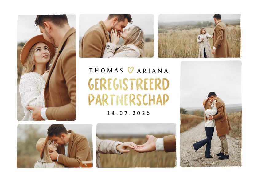 Trouwkaarten - Geregistreerd partnerschap kaart goud hip fotocollage hartje
