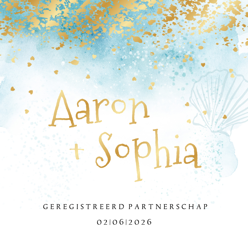 Trouwkaarten - Geregistreerd partnerschap strand watercolour goud spetters
