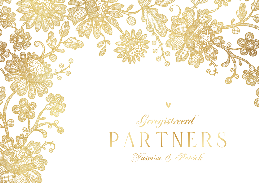Trouwkaarten - Geregistreerd partnerschap vintage kant goud bloemen hartjes