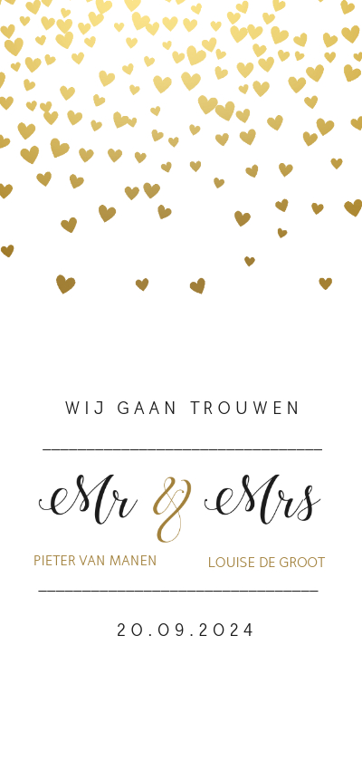 Gouden hartjes trouwkaart - Trouwkaarten Trouwkaarten - Gouden hartjes trouwkaart