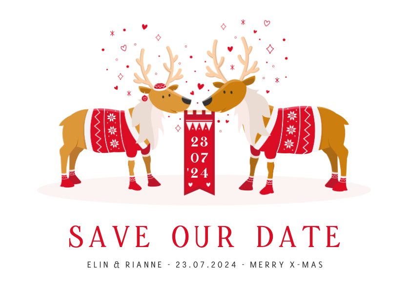 Grappige Save the Date kerstkaart met 2 rendieren - Trouwkaarten Trouwkaarten - Grappige Save the Date kerstkaart met 2 rendieren
