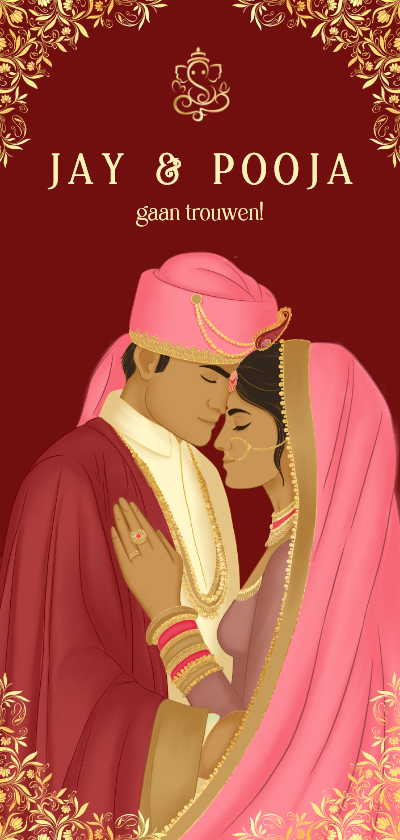 Hindoestaanse trouwkaart met bruidspaar illustratie - Trouwkaarten Trouwkaarten - Hindoestaanse trouwkaart met bruidspaar illustratie