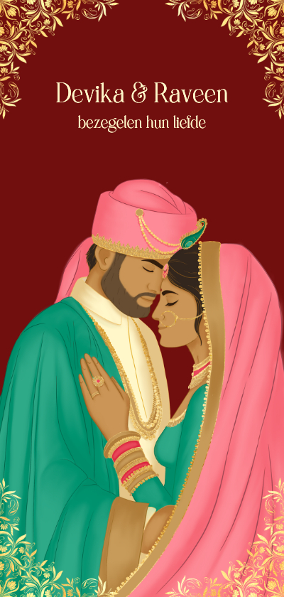 Hindoestaanse trouwkaart met een bruidspaar in roze groen - Trouwkaarten Trouwkaarten - Hindoestaanse trouwkaart met een bruidspaar in roze groen