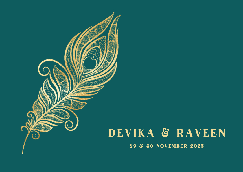 Hindoestaanse trouwkaart met gouden pauwenveer - Trouwkaarten Trouwkaarten - Hindoestaanse trouwkaart met gouden pauwenveer