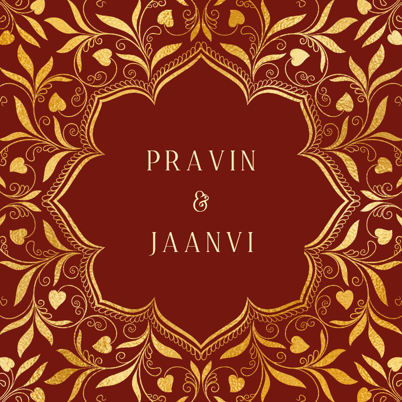 Trouwkaarten - Hindoestaanse trouwkaart met henna patronen en hartjes