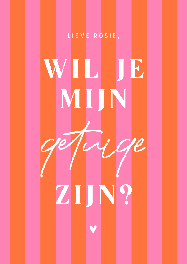 Hip en trendy getuigekaartje met roze oranje streepjes hart - Trouwkaarten Trouwkaarten - Hip en trendy getuigekaartje met roze oranje streepjes hart