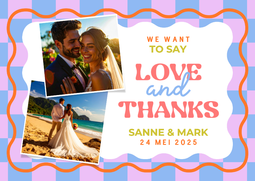Trouwkaarten - Hippe bedankkaart love&thanks trouwdag met wave en blokjes
