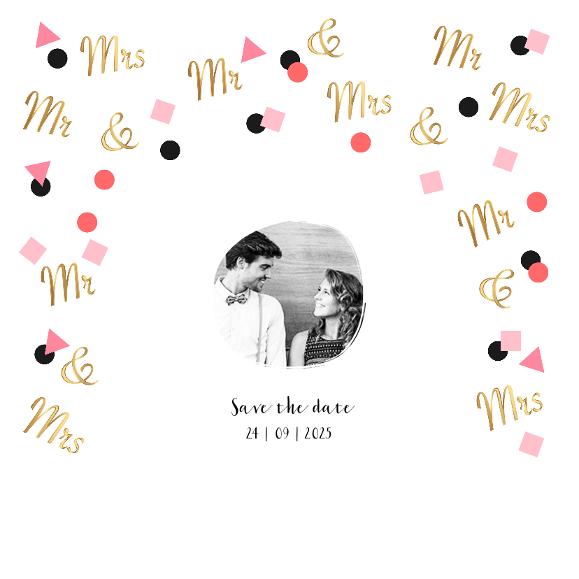 Hippe feestelijke save the date trouwkaart met goud confetti - Trouwkaarten Trouwkaarten - Hippe feestelijke save the date trouwkaart met goud confetti