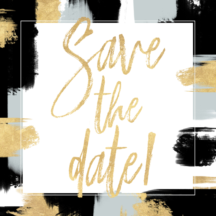 Hippe Save the Date kaart verf strepen en gouden typografie - Trouwkaarten Trouwkaarten - Hippe Save the Date kaart verf strepen en gouden typografie