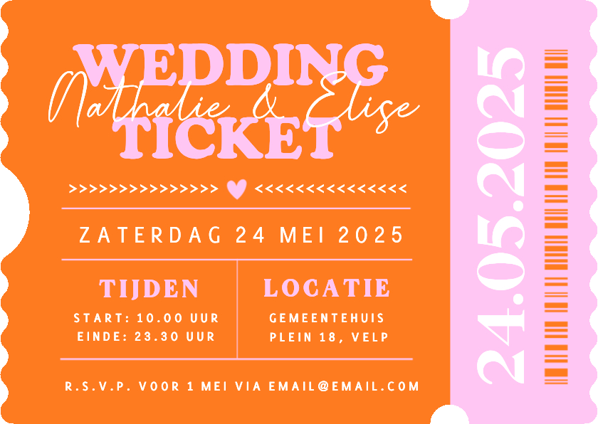 Hippe ticket vorm uitnodiging trouwen met felle kleuren - Trouwkaarten Trouwkaarten - Hippe ticket vorm uitnodiging trouwen met felle kleuren