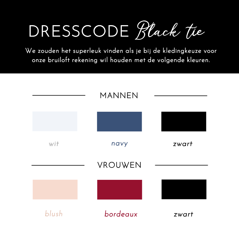 Inlegvel huwelijk met kleuren van de dresscode black tie - Trouwkaarten Trouwkaarten - Inlegvel huwelijk met kleuren van de dresscode black tie