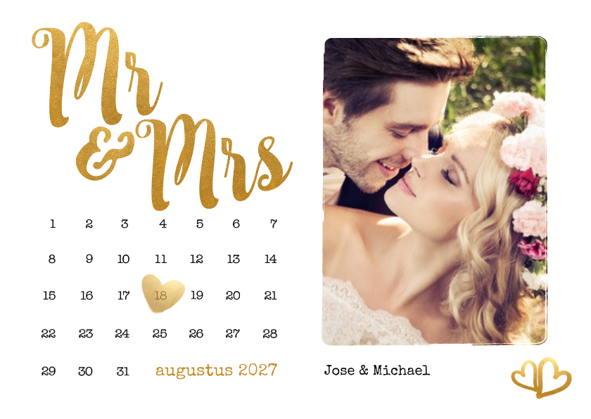 Trouwkaarten - Kalender Mr & Mrs goud foto - BK