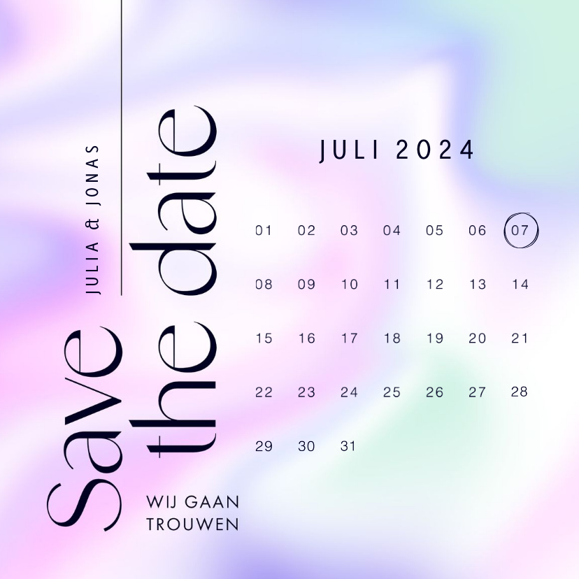 Trouwkaarten - Kalender save the date modern holografisch paars