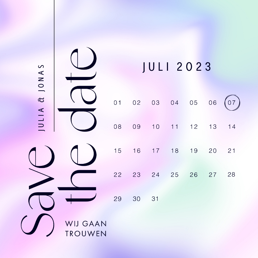 Kalender save the date modern holografisch paars - Trouwkaarten Trouwkaarten - Kalender save the date modern holografisch paars
