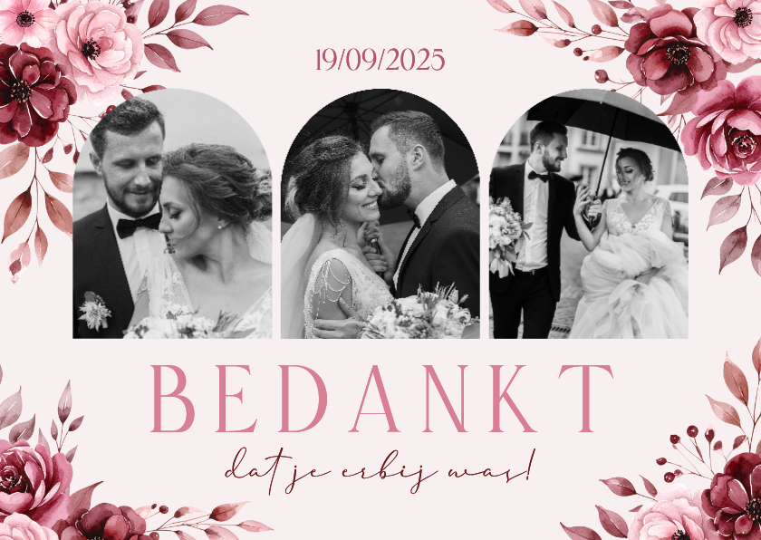 Klassieke bedankkaart met foto's in roze met aquarel rozen - Trouwkaarten Trouwkaarten - Klassieke bedankkaart met foto's in roze met aquarel rozen
