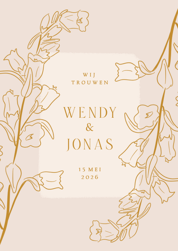 Trouwkaarten - Klassieke beige trouwkaart met lijnillustratie van bloemen