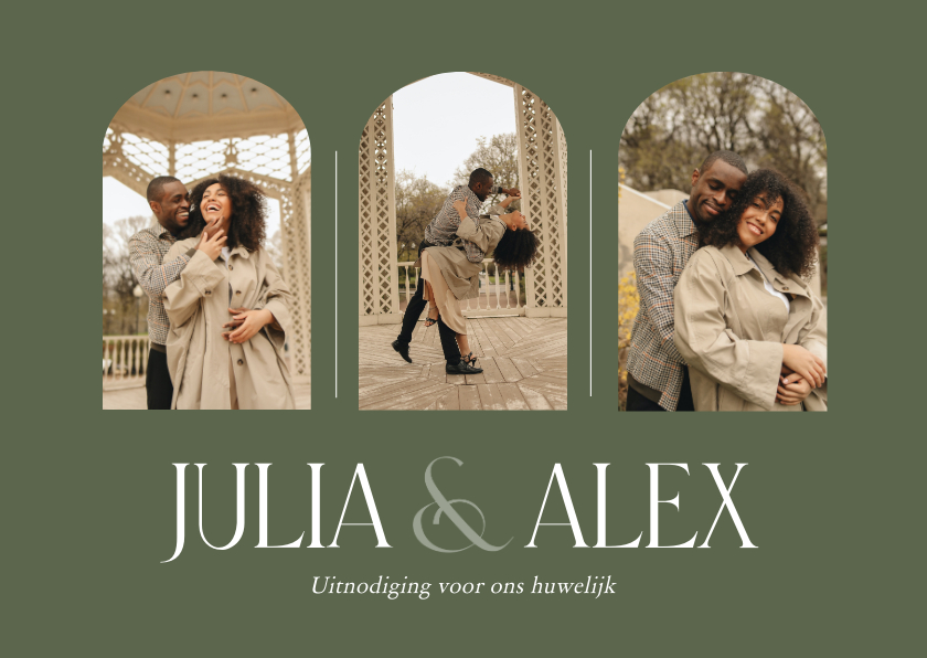 Trouwkaarten - Klassieke trouwkaart met fotos in olijfgroen