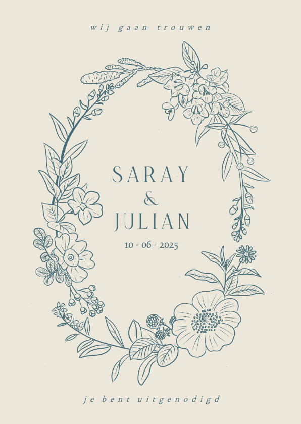Trouwkaarten - Klassieke trouwkaart met geïllustreerde bloemenkrans