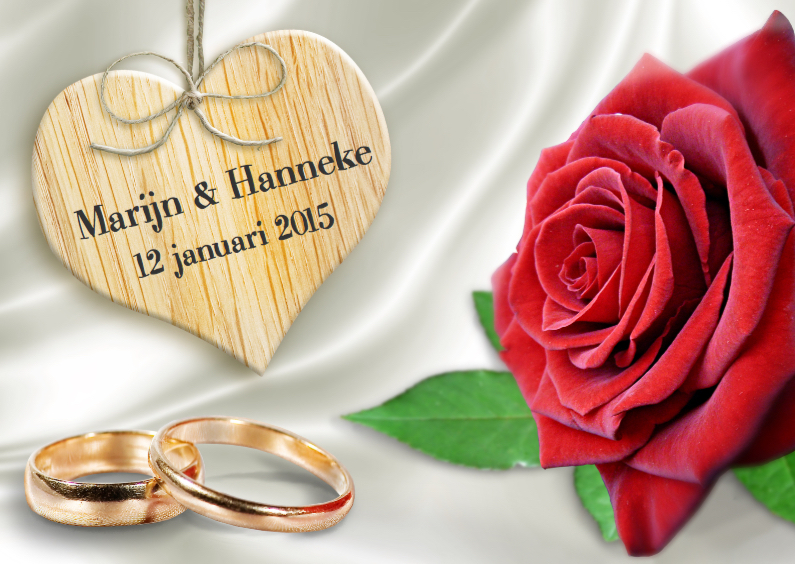 Klassieke trouwkaart met ringen, hart en rode roos op satijn - Trouwkaarten Trouwkaarten - Klassieke trouwkaart met ringen, hart en rode roos op satijn