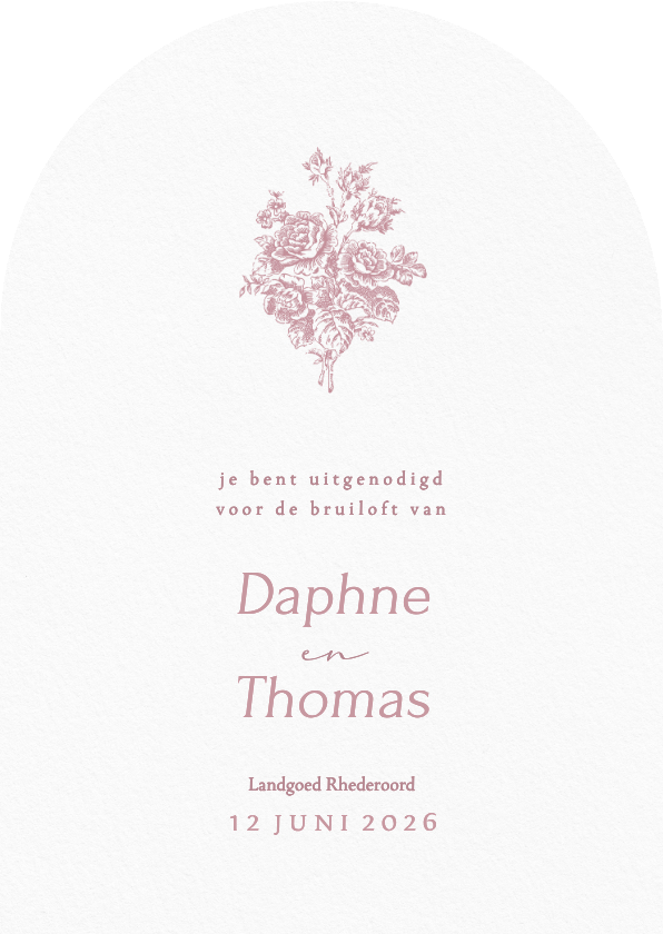 Trouwkaarten - Klassieke trouwkaart met vintage roze boeket in boogvorm
