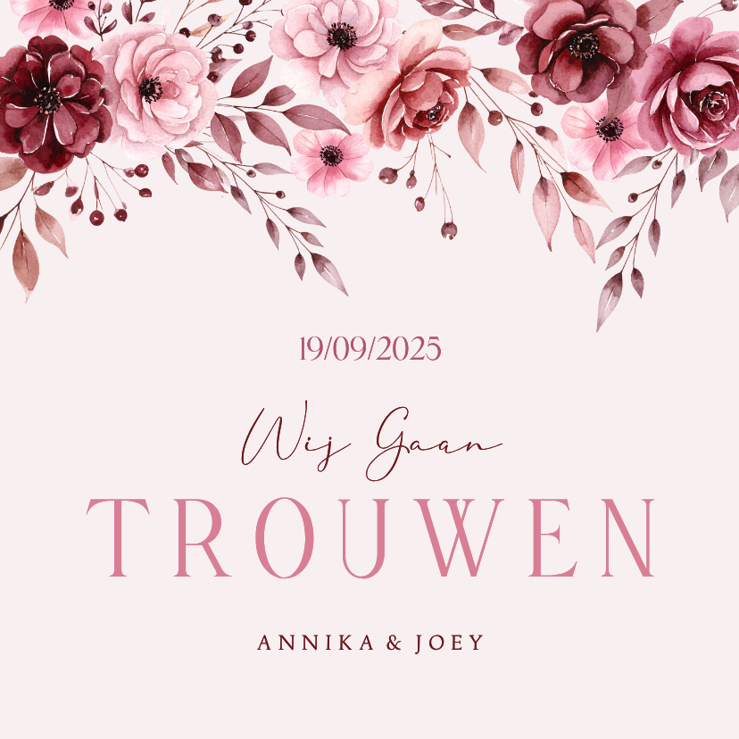 Klassieke trouwkaart uitnodiging in roze met aquarel rozen - Trouwkaarten Trouwkaarten - Klassieke trouwkaart uitnodiging in roze met aquarel rozen